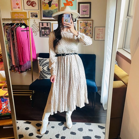 Zara Satin Polka Dot Long Sleeve Midi Dress - Picture 4 of 15